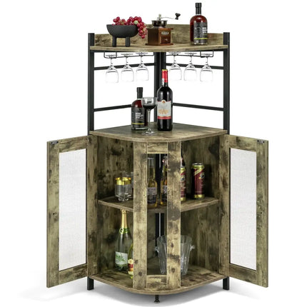 Industrial Corner Bar Cabinet with Glass Holder and Adjustable Shelf-Taupe - Taupe - Sideboards Cabinets & Buffets