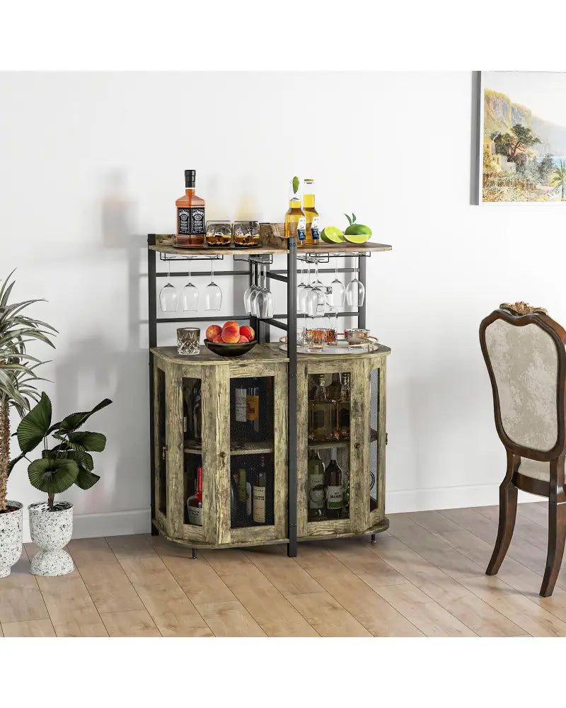 Industrial Corner Bar Cabinet with Glass Holder and Adjustable Shelf-Taupe - Taupe - Sideboards Cabinets & Buffets