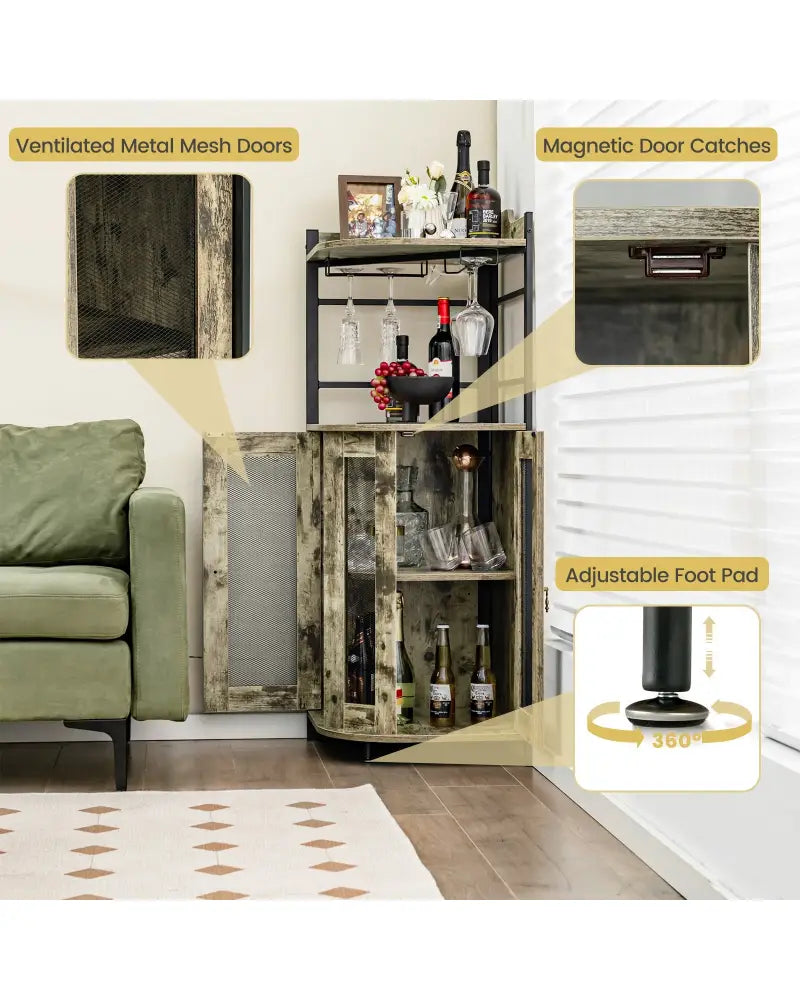 Industrial Corner Bar Cabinet with Glass Holder and Adjustable Shelf-Taupe - Taupe - Sideboards Cabinets & Buffets