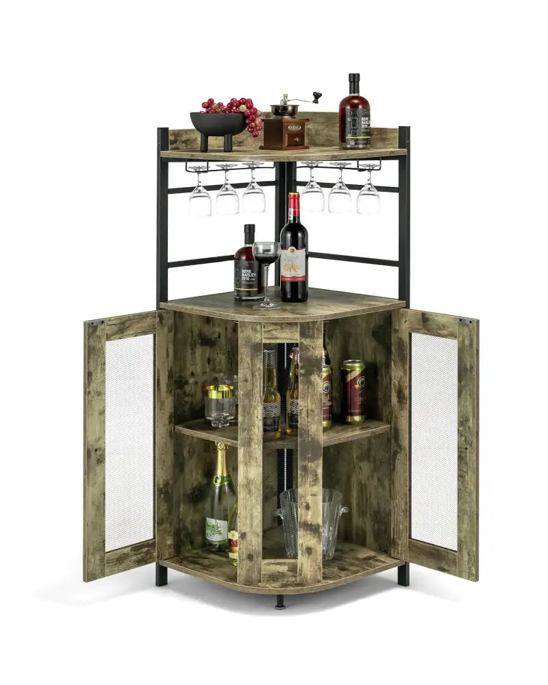 Industrial Corner Bar Cabinet with Glass Holder and Adjustable Shelf-Taupe - Taupe - Sideboards Cabinets & Buffets