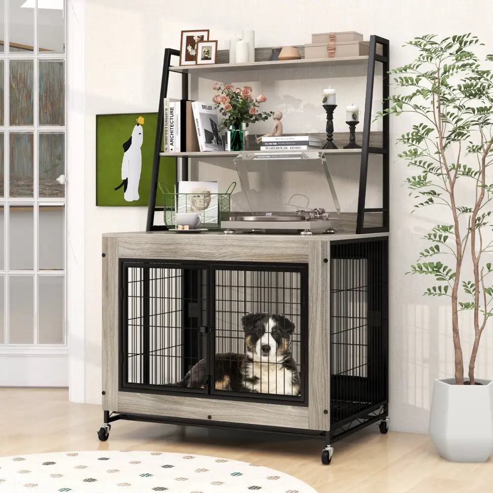 Industrial Dog Kennel Dog Crate Furniture with Storage Shelves-Gray - Gray - Dog Kennels