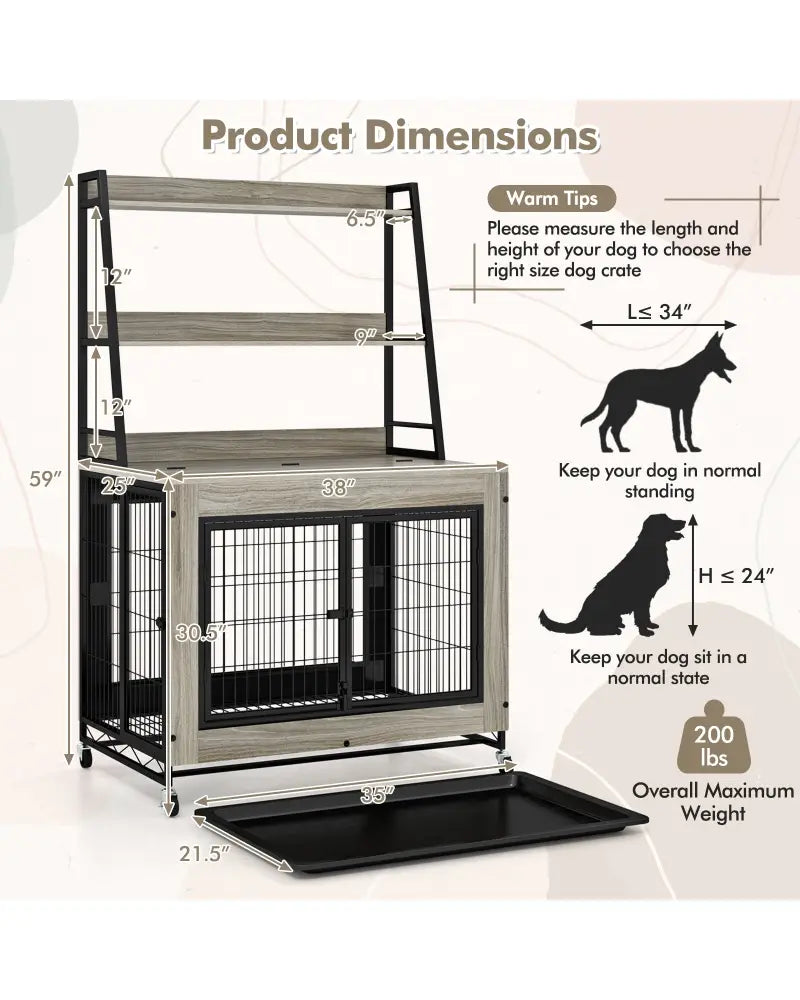 Industrial Dog Kennel Dog Crate Furniture with Storage Shelves-Gray - Gray - Dog Kennels