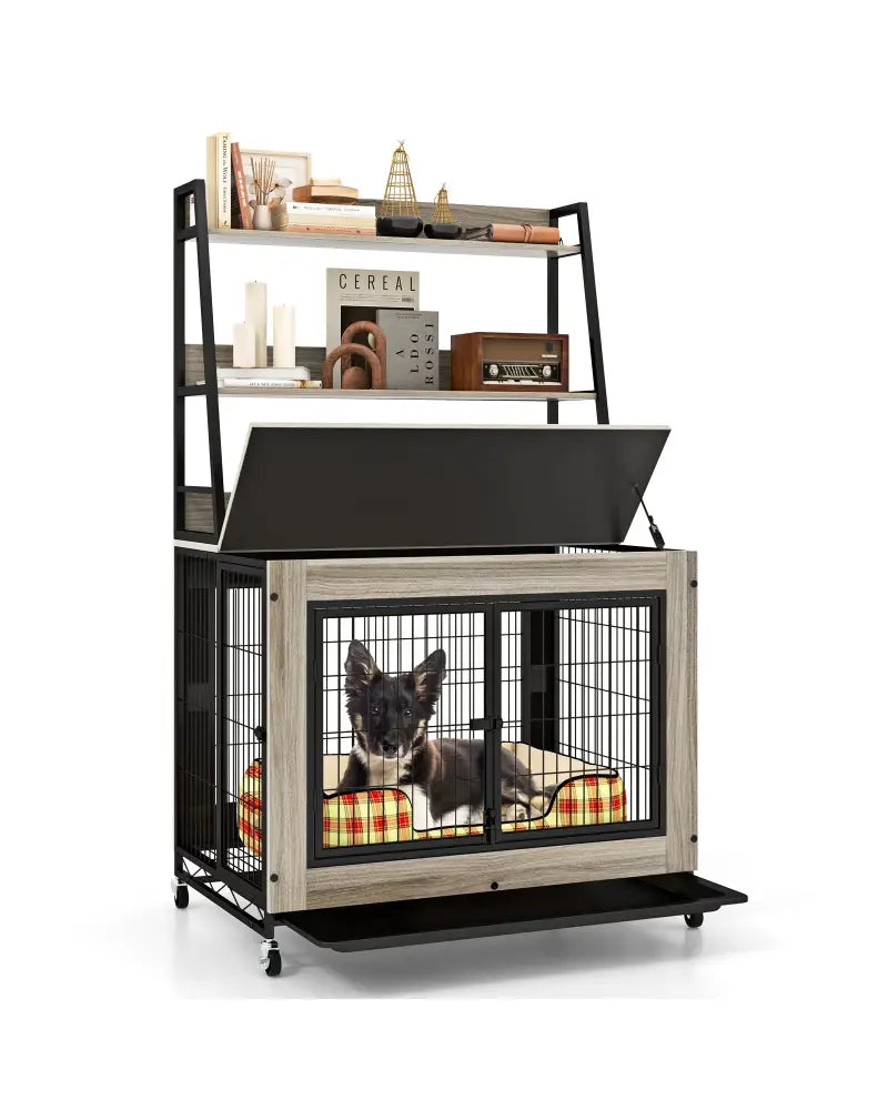 Industrial Dog Kennel Dog Crate Furniture with Storage Shelves-Gray - Gray - Dog Kennels