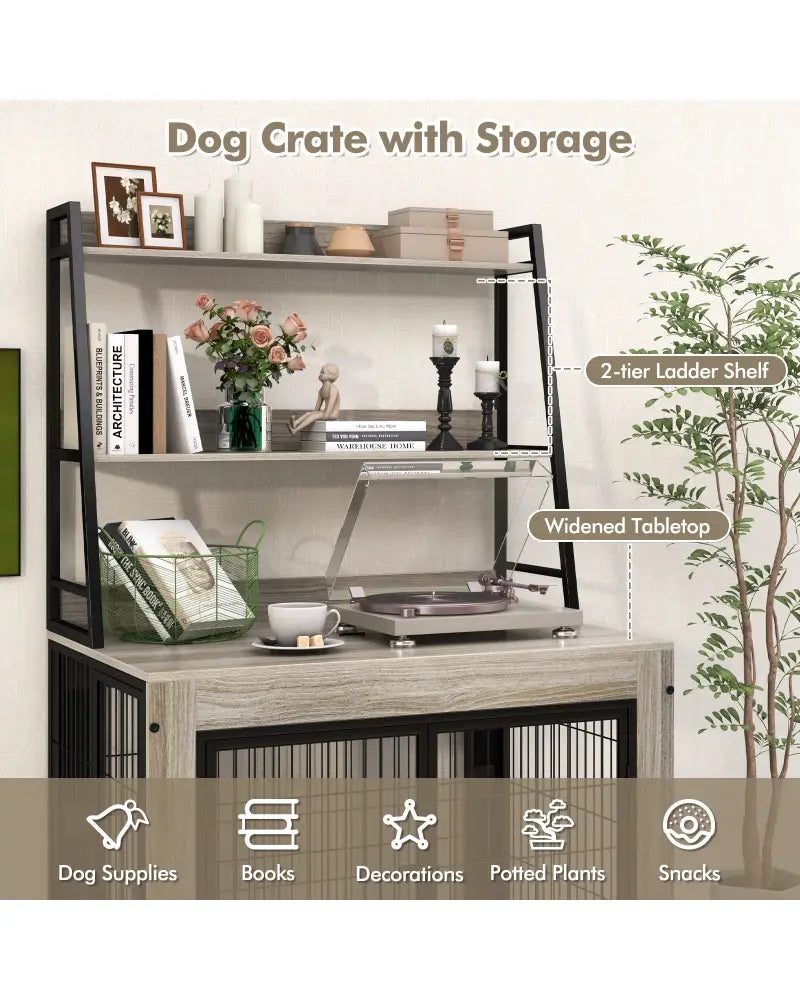 Industrial Dog Kennel Dog Crate Furniture with Storage Shelves-Gray - Gray - Dog Kennels