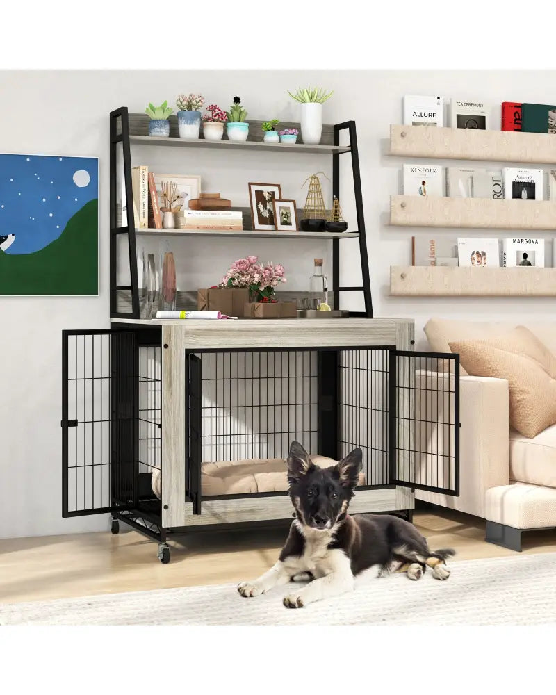 Industrial Dog Kennel Dog Crate Furniture with Storage Shelves-Gray - Gray - Dog Kennels