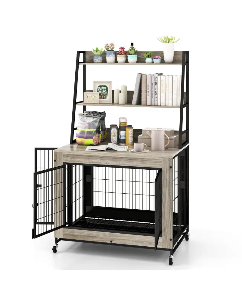 Industrial Dog Kennel Dog Crate Furniture with Storage Shelves-Gray - Gray - Dog Kennels