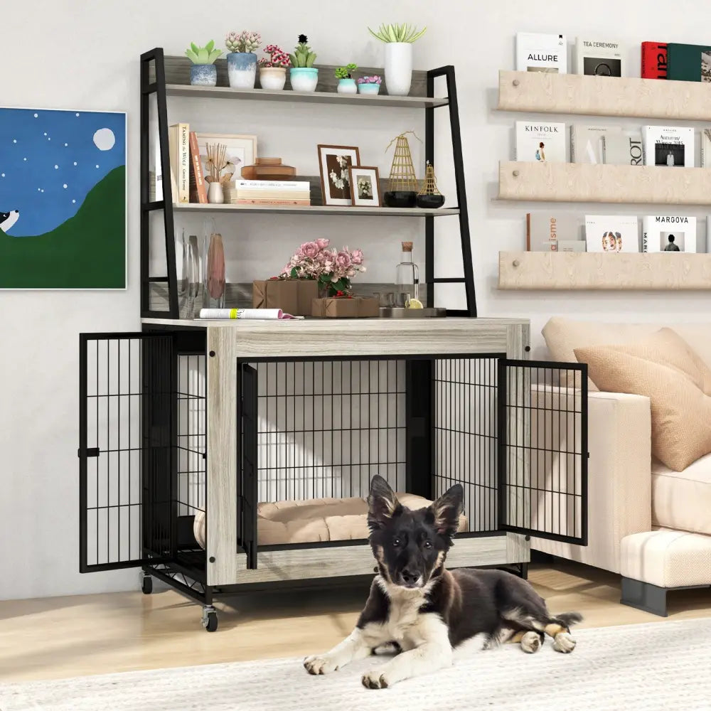 Industrial Dog Kennel Dog Crate Furniture with Storage Shelves-Gray - Gray - Dog Kennels