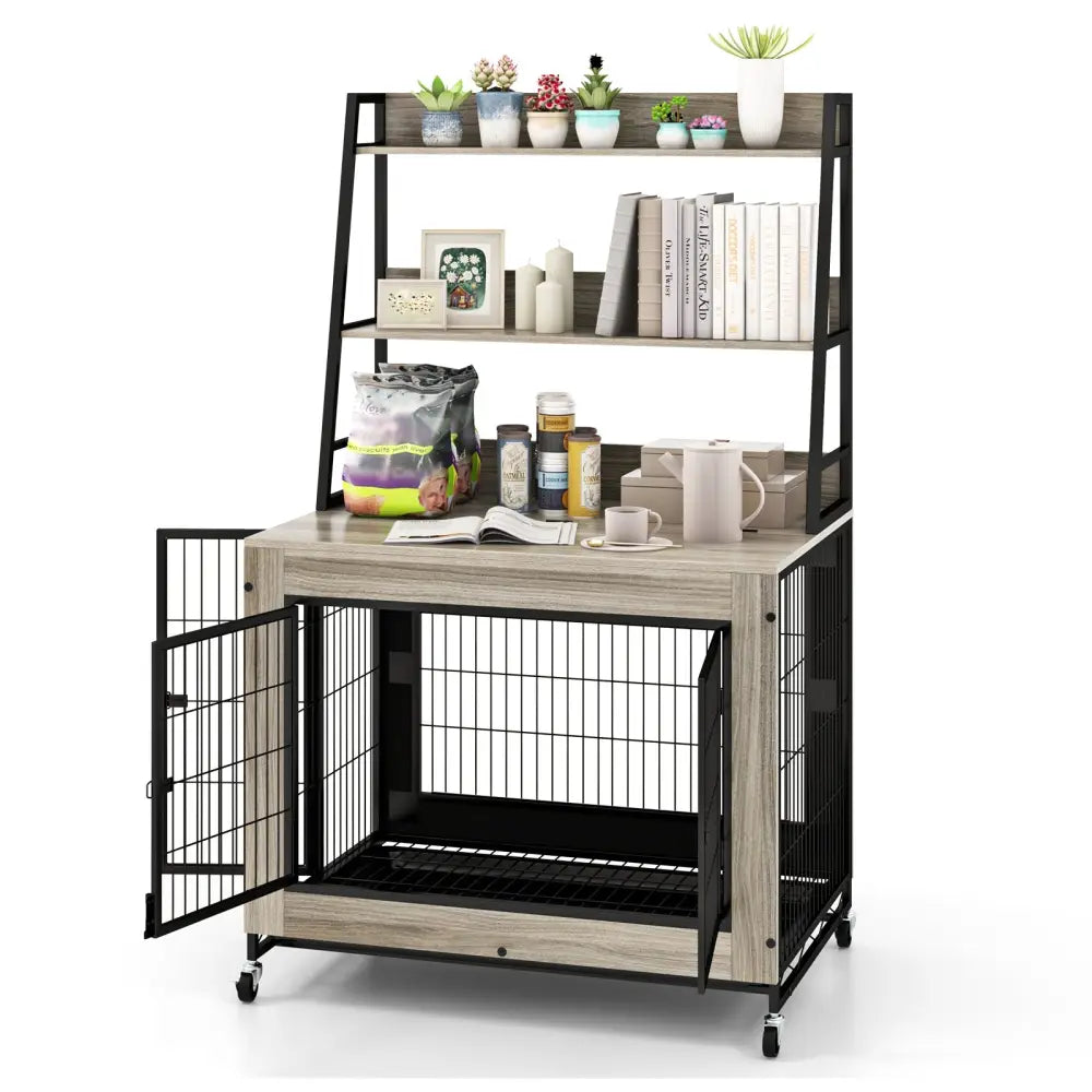 Industrial Dog Kennel Dog Crate Furniture with Storage Shelves-Gray - Gray - Dog Kennels