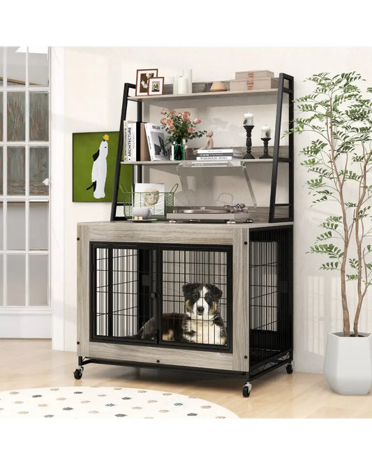 Industrial Dog Kennel Dog Crate Furniture with Storage Shelves-Gray - Gray - Dog Kennels