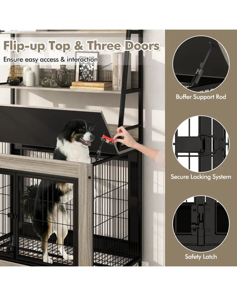 Industrial Dog Kennel Dog Crate Furniture with Storage Shelves-Gray - Gray - Dog Kennels