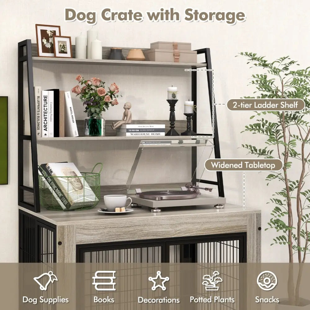 Industrial Dog Kennel Dog Crate Furniture with Storage Shelves-Gray - Gray - Dog Kennels
