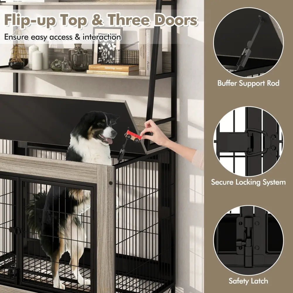 Industrial Dog Kennel Dog Crate Furniture with Storage Shelves-Gray - Gray - Dog Kennels