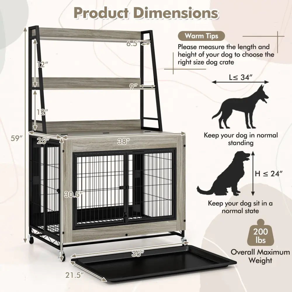 Industrial Dog Kennel Dog Crate Furniture with Storage Shelves-Gray - Gray - Dog Kennels