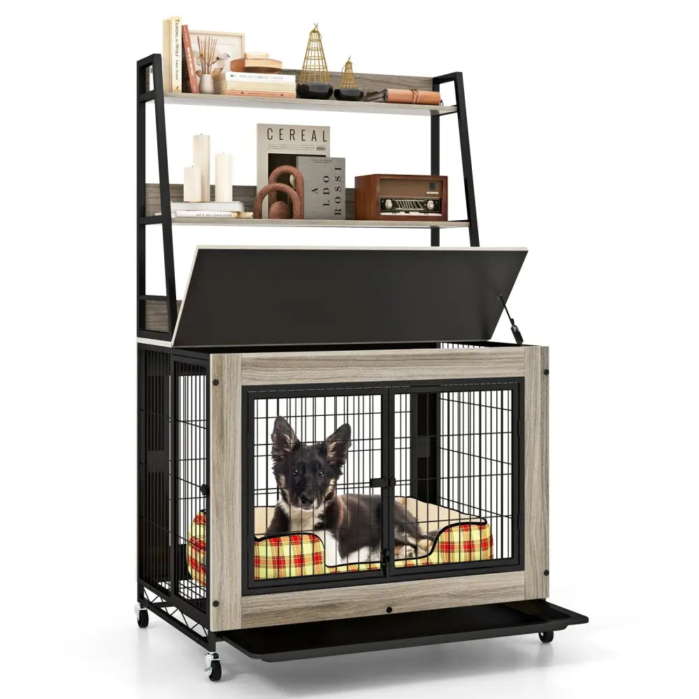 Industrial Dog Kennel Dog Crate Furniture with Storage Shelves-Gray - Gray - Dog Kennels