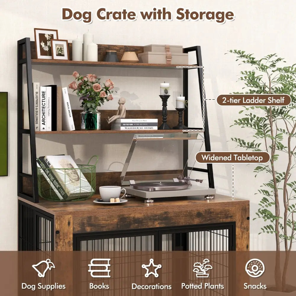 Industrial Dog Kennel Dog Crate Furniture with Storage Shelves-Rustic Brown - Rustic Brown - Dog Kennels