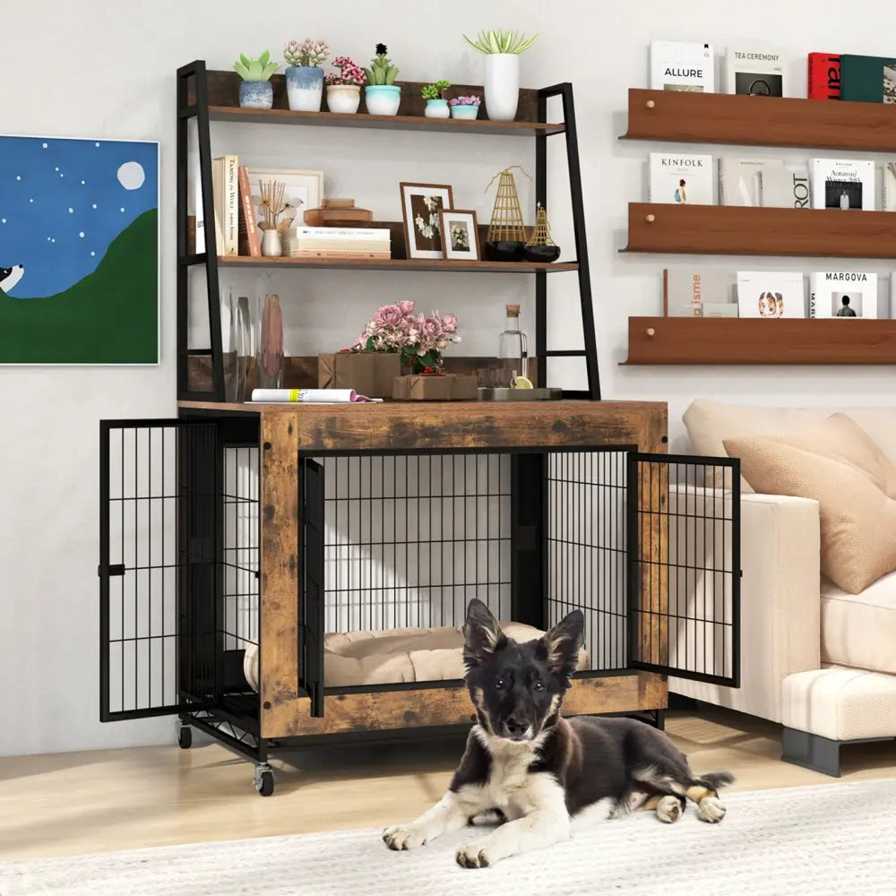 Industrial Dog Kennel Dog Crate Furniture with Storage Shelves-Rustic Brown - Rustic Brown - Dog Kennels