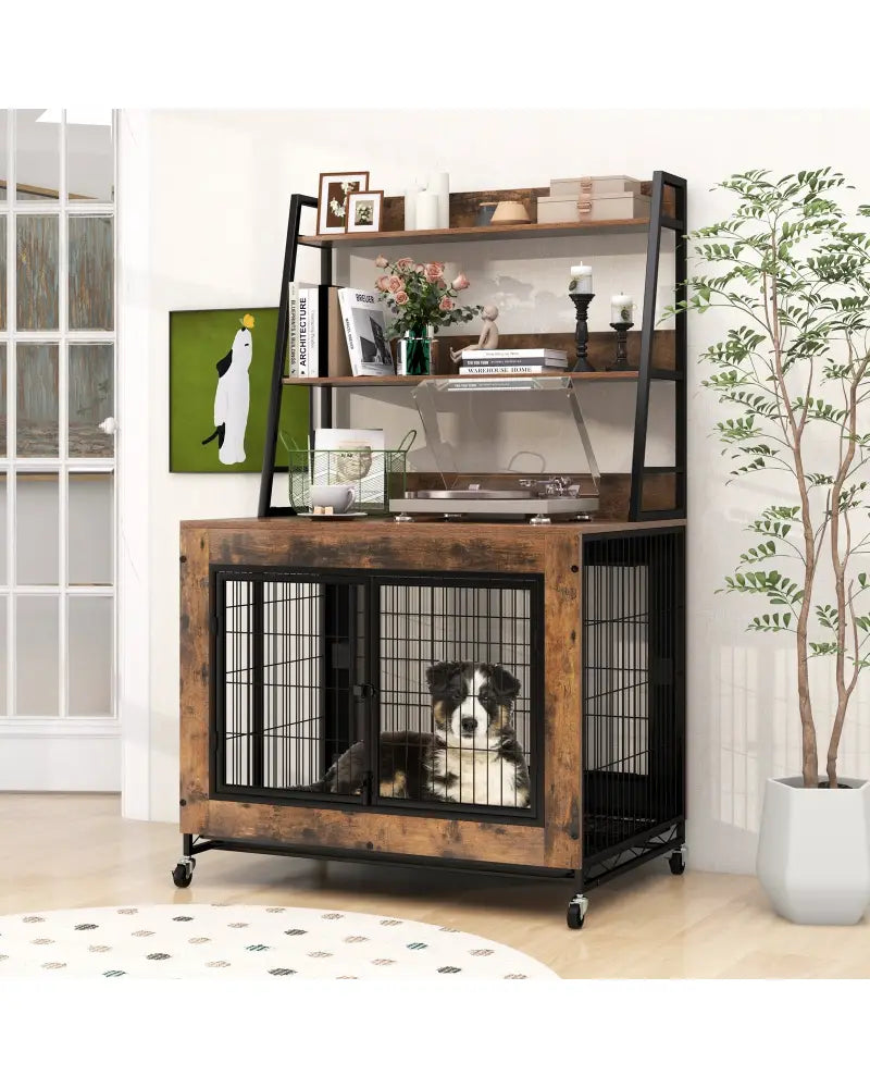 Industrial Dog Kennel Dog Crate Furniture with Storage Shelves-Rustic Brown - Rustic Brown - Dog Kennels