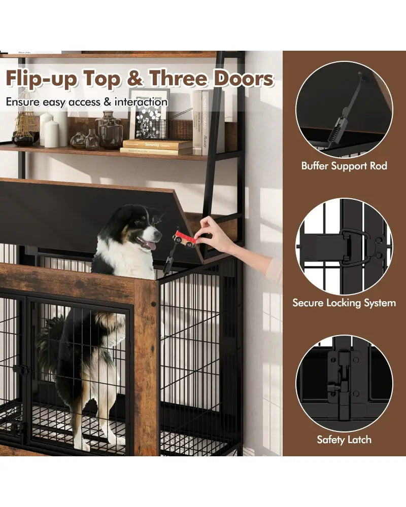 Industrial Dog Kennel Dog Crate Furniture with Storage Shelves-Rustic Brown - Rustic Brown - Dog Kennels