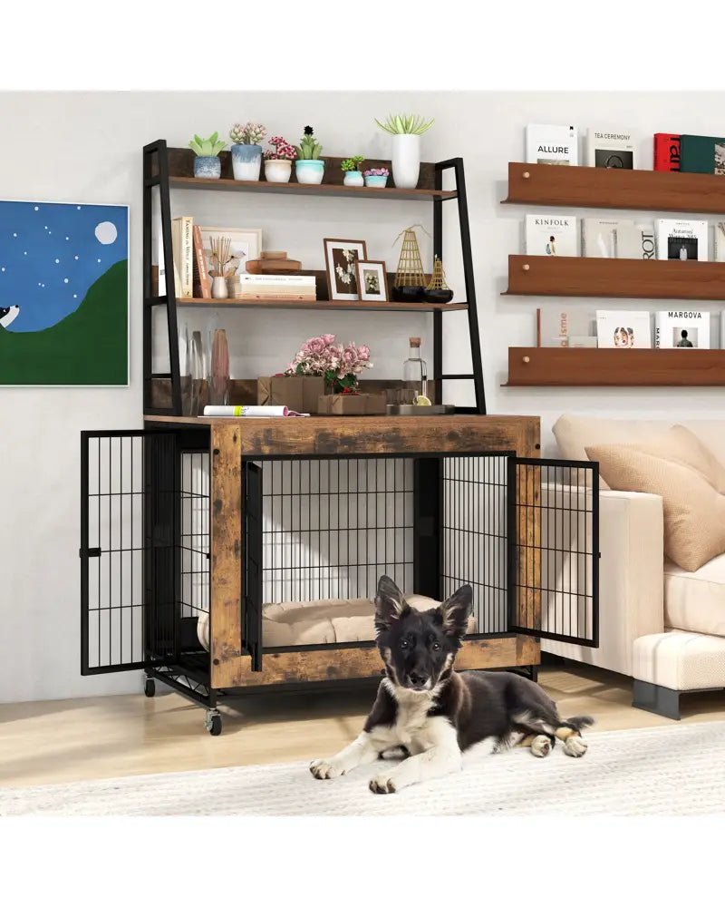 Industrial Dog Kennel Dog Crate Furniture with Storage Shelves-Rustic Brown - Rustic Brown - Dog Kennels