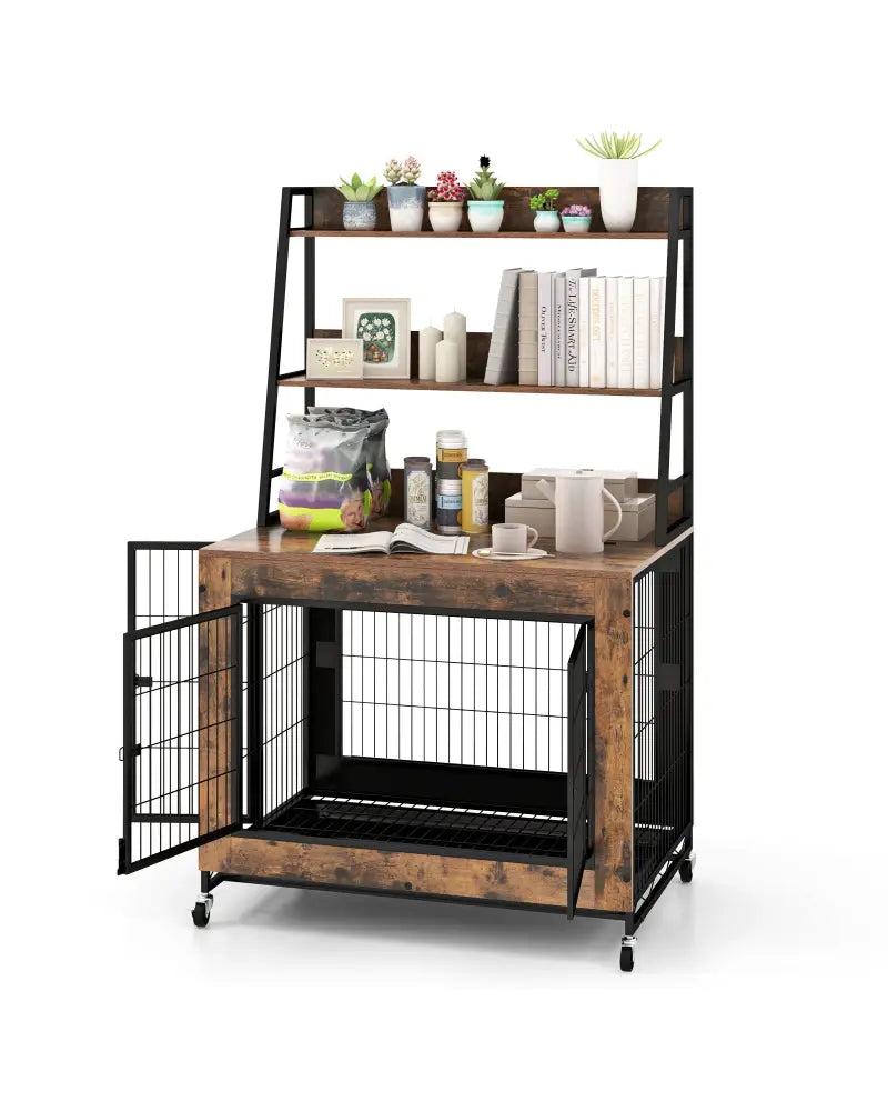 Industrial Dog Kennel Dog Crate Furniture with Storage Shelves-Rustic Brown - Rustic Brown - Dog Kennels