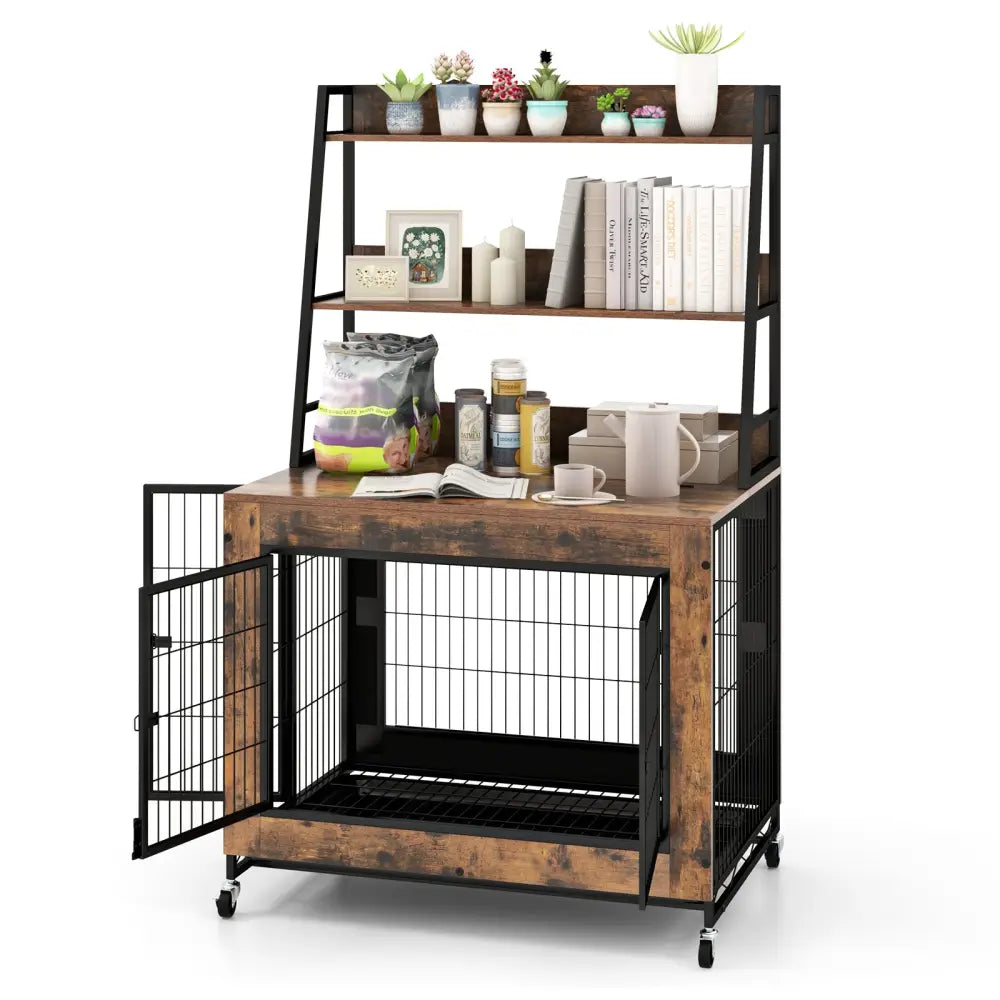 Industrial Dog Kennel Dog Crate Furniture with Storage Shelves-Rustic Brown - Rustic Brown - Dog Kennels