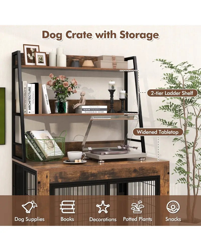 Industrial Dog Kennel Dog Crate Furniture with Storage Shelves-Rustic Brown - Rustic Brown - Dog Kennels