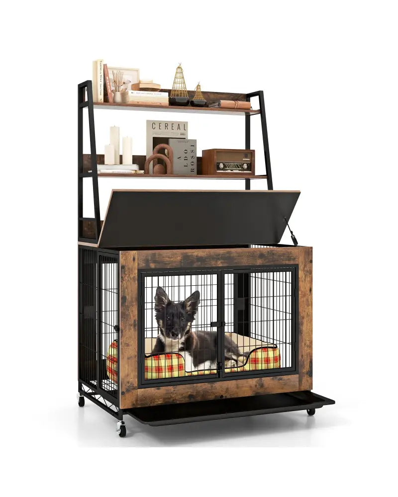 Industrial Dog Kennel Dog Crate Furniture with Storage Shelves-Rustic Brown - Rustic Brown - Dog Kennels