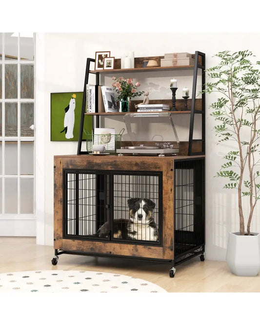 Industrial Dog Kennel Dog Crate Furniture with Storage Shelves-Rustic Brown - Rustic Brown - Dog Kennels