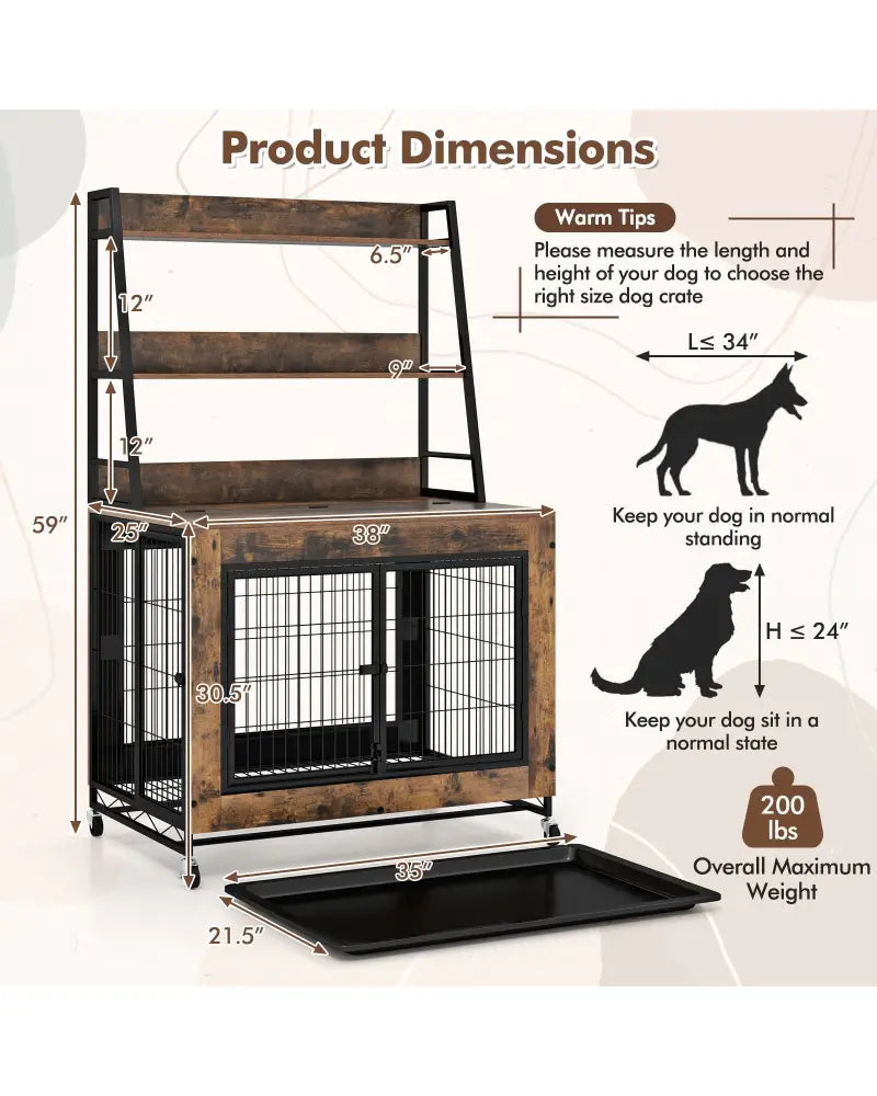 Industrial Dog Kennel Dog Crate Furniture with Storage Shelves-Rustic Brown - Rustic Brown - Dog Kennels