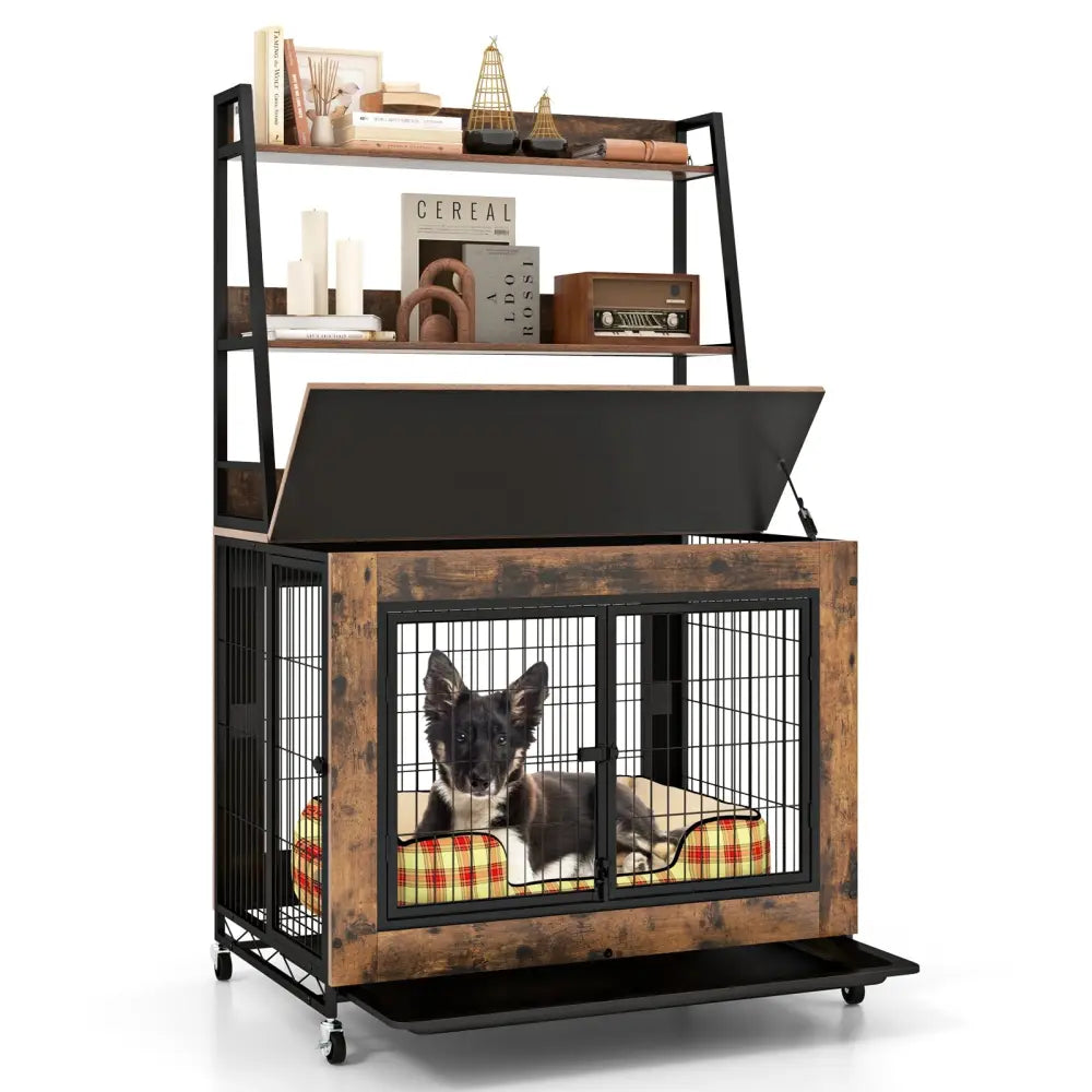 Industrial Dog Kennel Dog Crate Furniture with Storage Shelves-Rustic Brown - Rustic Brown - Dog Kennels