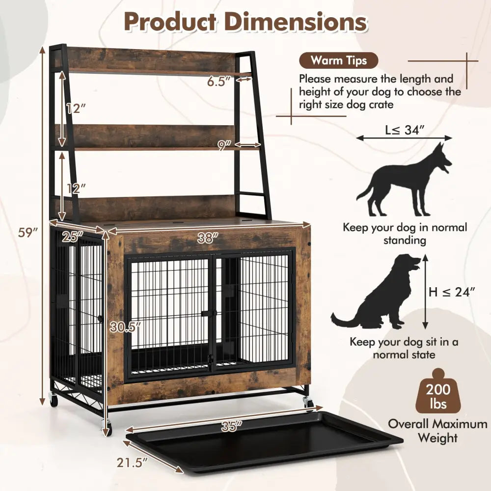 Industrial Dog Kennel Dog Crate Furniture with Storage Shelves-Rustic Brown - Rustic Brown - Dog Kennels