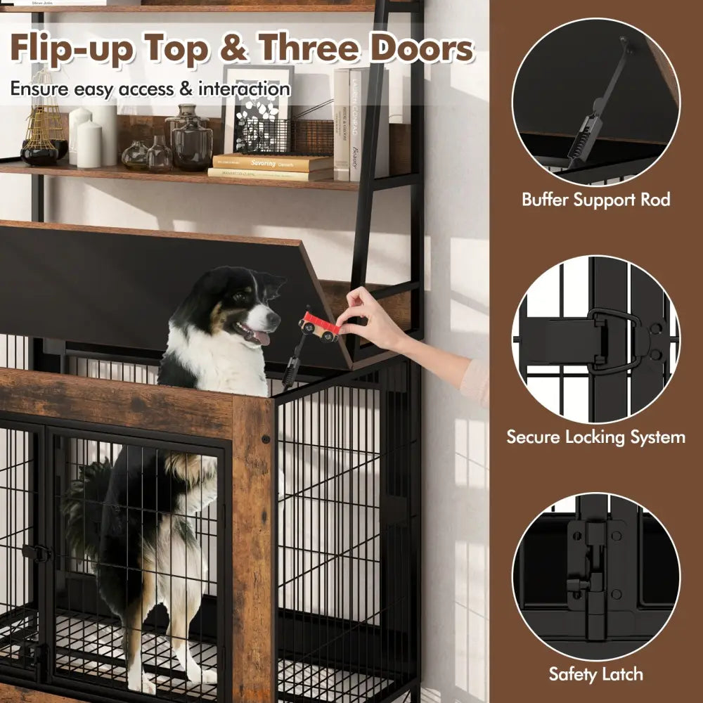 Industrial Dog Kennel Dog Crate Furniture with Storage Shelves-Rustic Brown - Rustic Brown - Dog Kennels