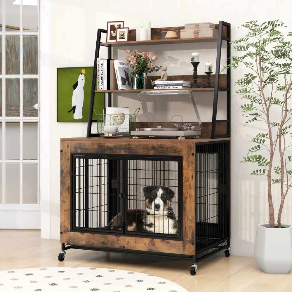 Industrial Dog Kennel Dog Crate Furniture with Storage Shelves-Rustic Brown - Rustic Brown - Dog Kennels
