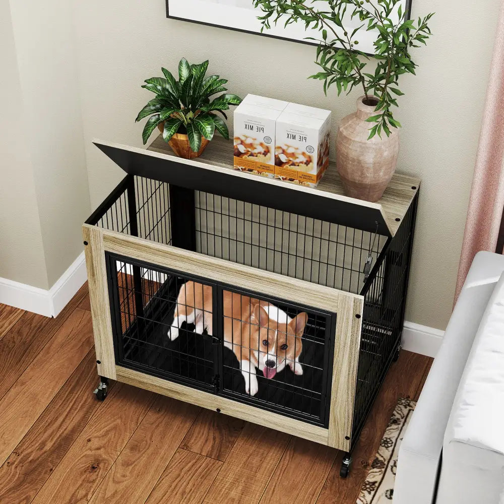 Industrial Dog Kennel with Flip-up Top 3 Lockable Doors and Removable Tray-Gray - Gray - Dog Kennels