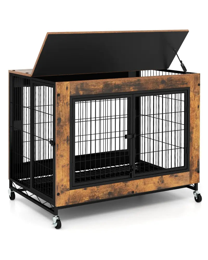Industrial Dog Kennel with Flip-up Top 3 Lockable Doors and Removable Tray-Rustic Brown - Rustic Brown - Dog Kennels
