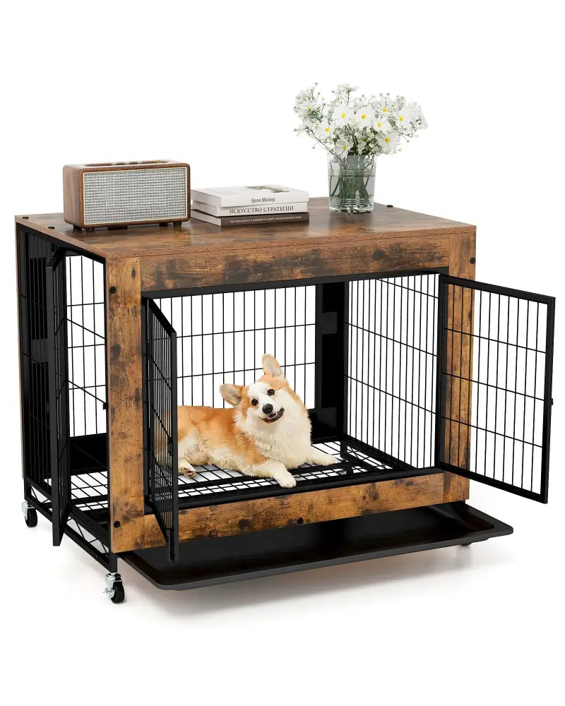 Industrial Dog Kennel with Flip-up Top 3 Lockable Doors and Removable Tray-Rustic Brown - Rustic Brown - Dog Kennels