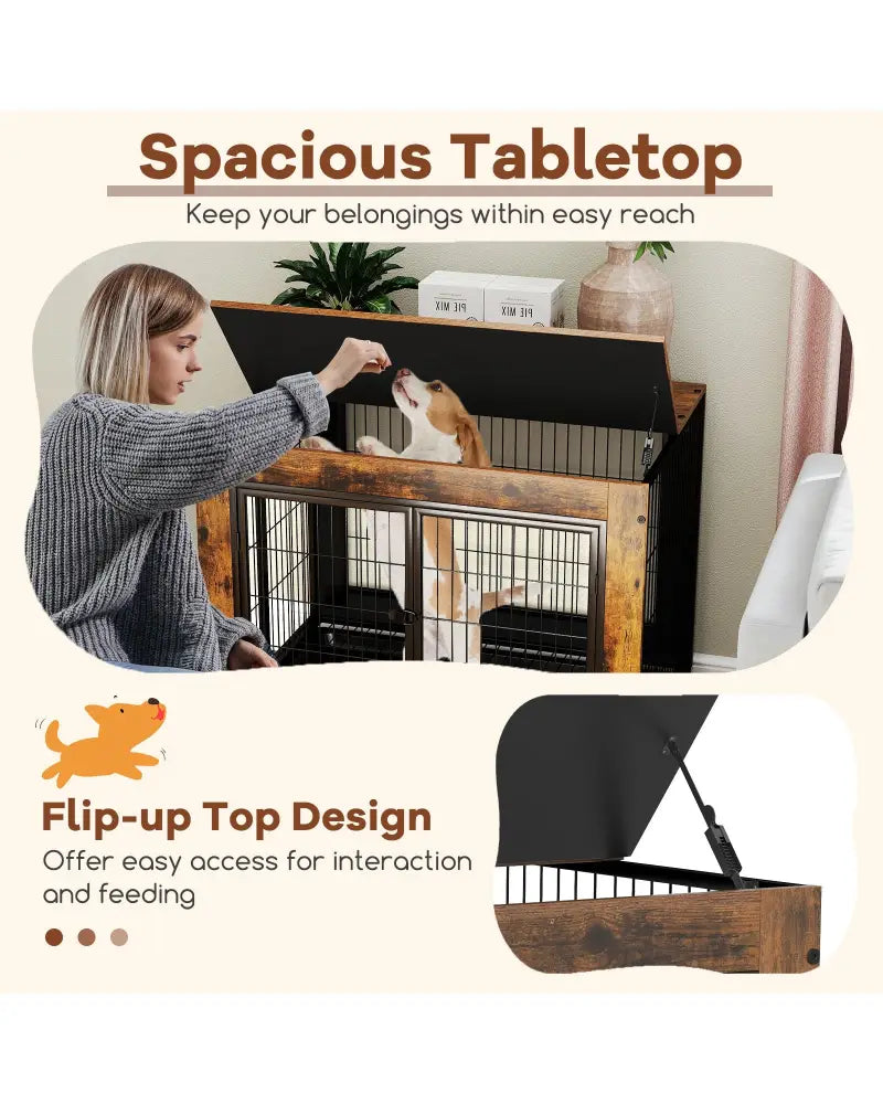 Industrial Dog Kennel with Flip-up Top 3 Lockable Doors and Removable Tray-Rustic Brown - Rustic Brown - Dog Kennels