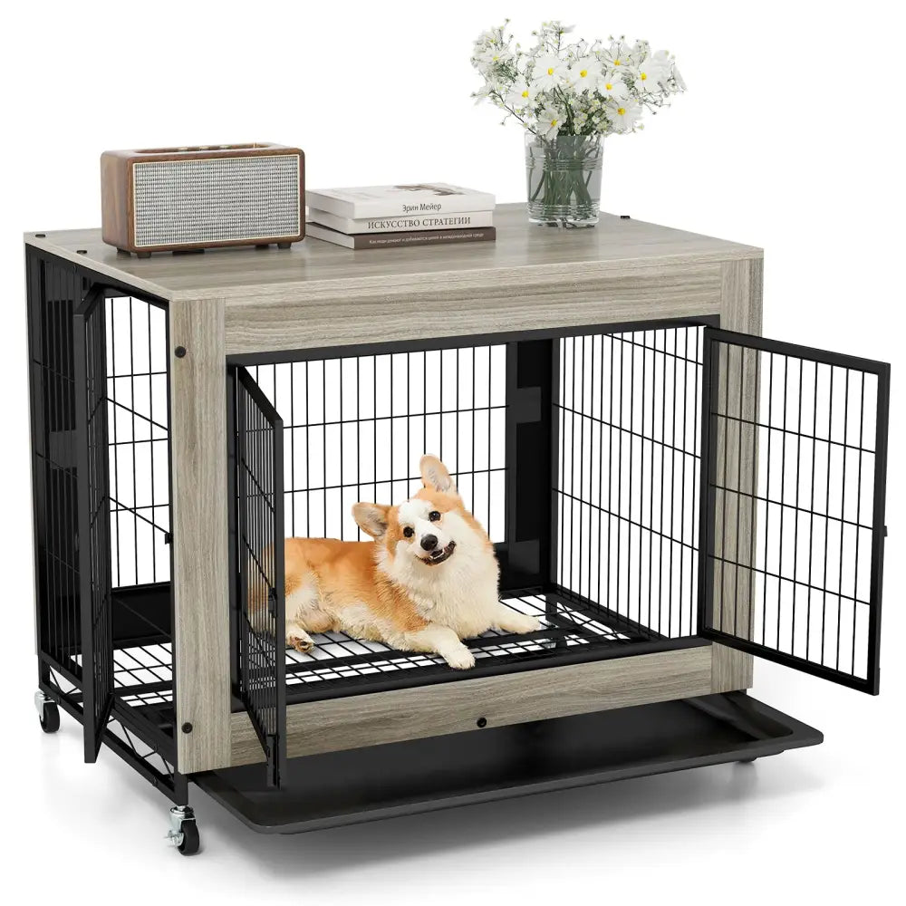 Industrial Dog Kennel with Flip-up Top 3 Lockable Doors and Removable Tray-Gray - Gray - Dog Kennels
