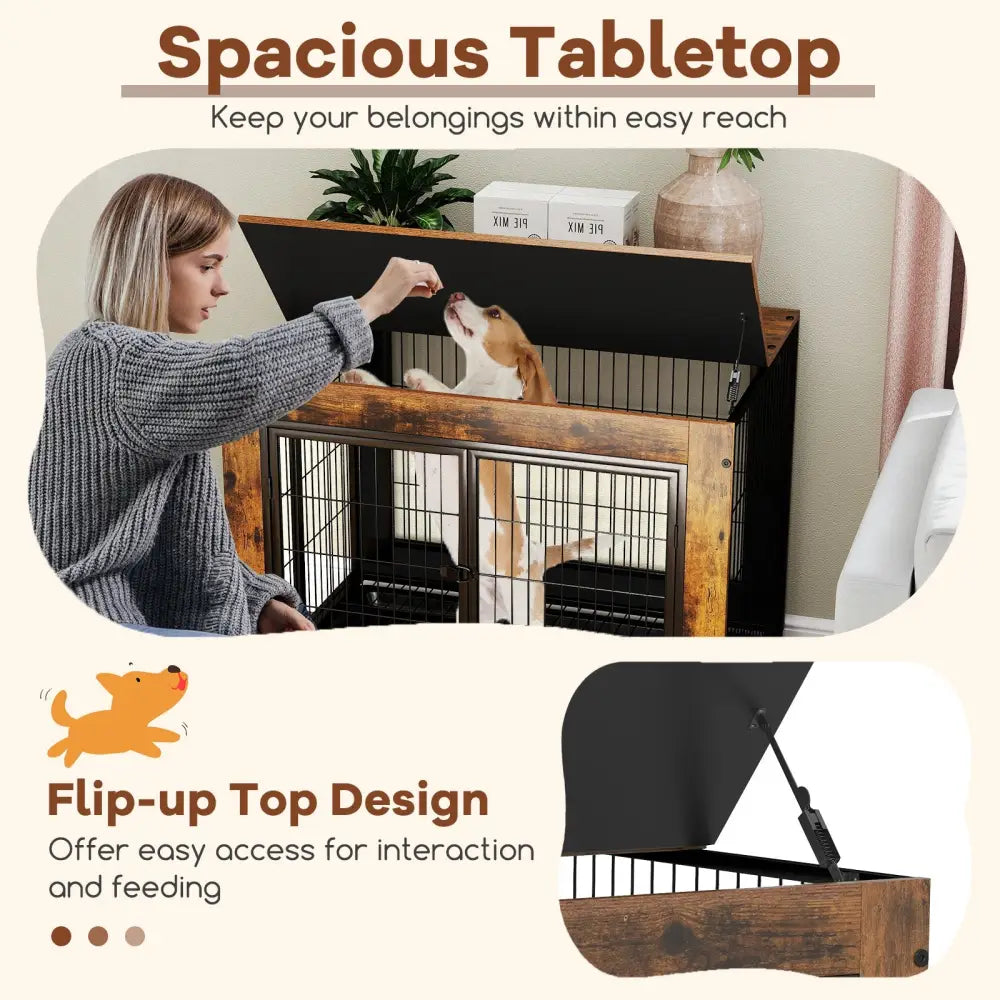 Industrial Dog Kennel with Flip-up Top 3 Lockable Doors and Removable Tray-Rustic Brown - Rustic Brown - Dog Kennels