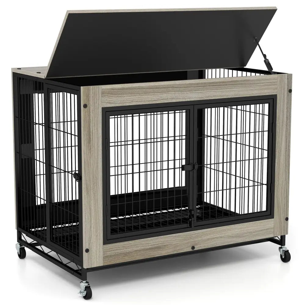 Industrial Dog Kennel with Flip-up Top 3 Lockable Doors and Removable Tray-Gray - Gray - Dog Kennels