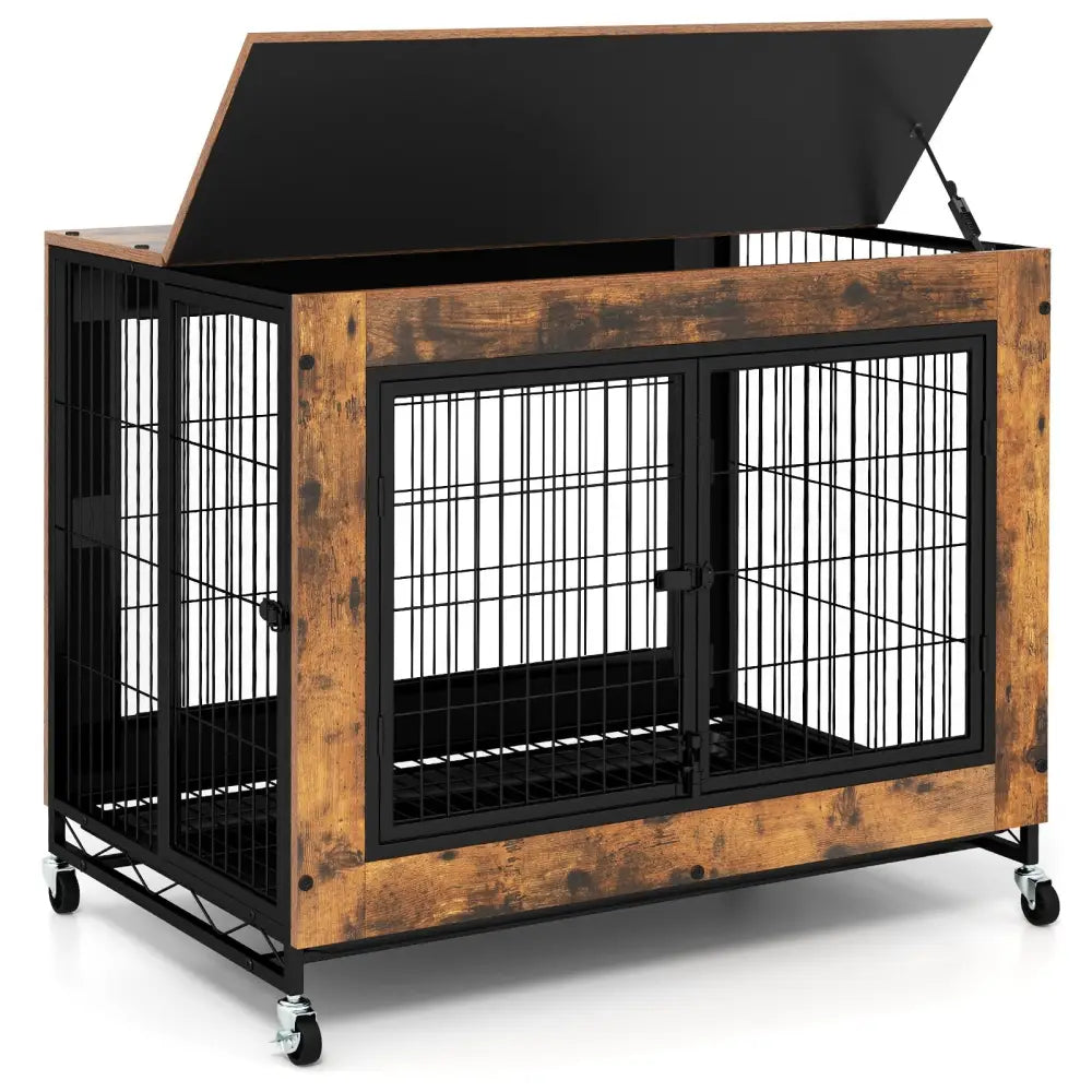 Industrial Dog Kennel with Flip-up Top 3 Lockable Doors and Removable Tray-Rustic Brown - Rustic Brown - Dog Kennels