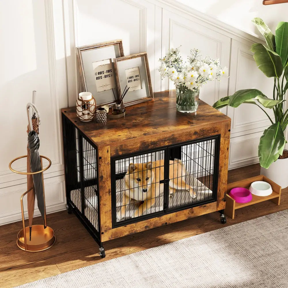 Industrial Dog Kennel with Flip-up Top 3 Lockable Doors and Removable Tray-Rustic Brown - Rustic Brown - Dog Kennels
