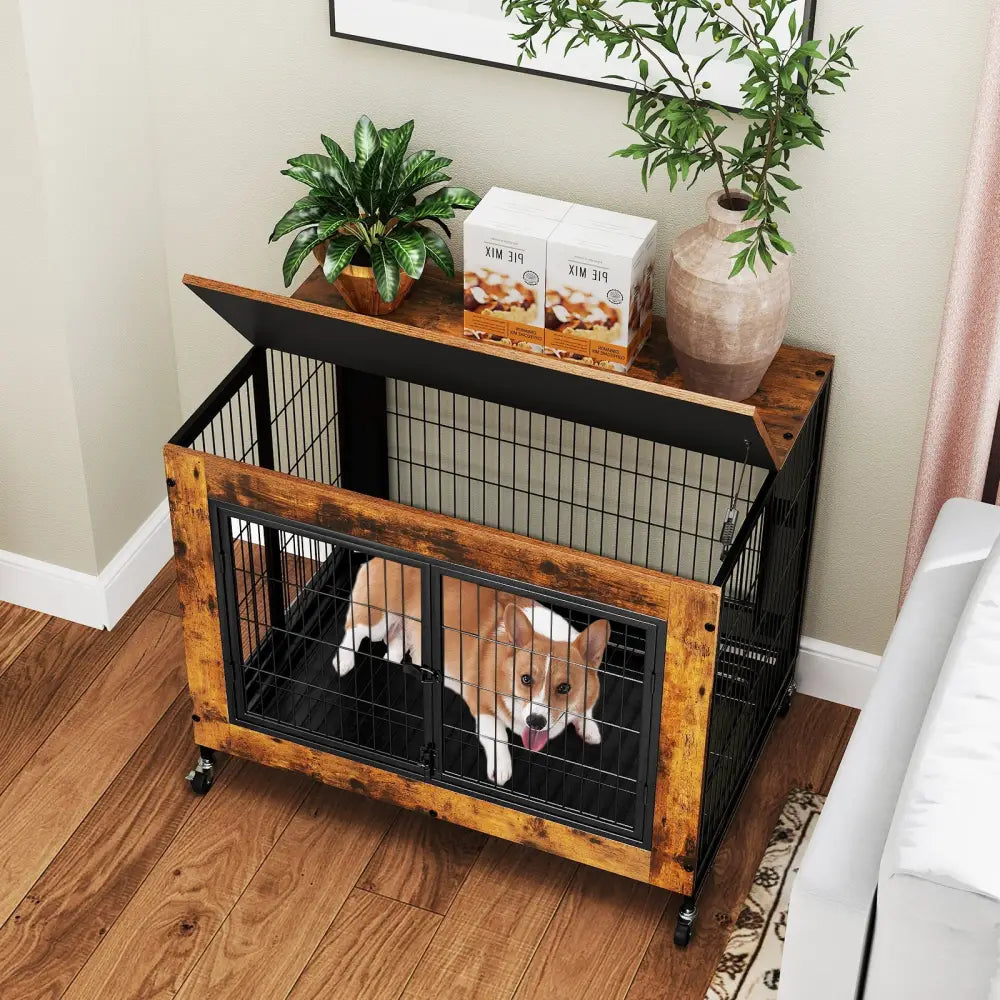 Industrial Dog Kennel with Flip-up Top 3 Lockable Doors and Removable Tray-Rustic Brown - Rustic Brown - Dog Kennels