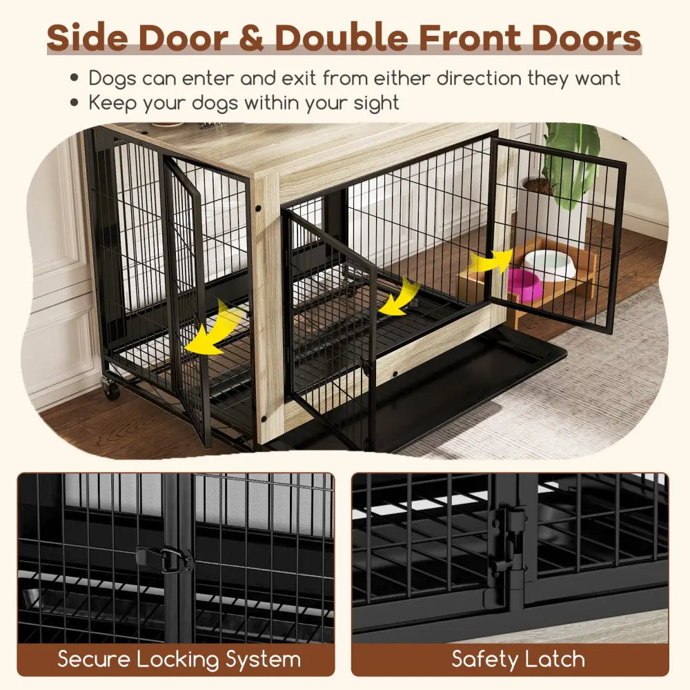 Industrial Dog Kennel with Flip-up Top 3 Lockable Doors and Removable Tray-Gray - Gray - Dog Kennels