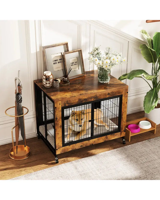 Industrial Dog Kennel with Flip-up Top 3 Lockable Doors and Removable Tray-Rustic Brown - Rustic Brown - Dog Kennels