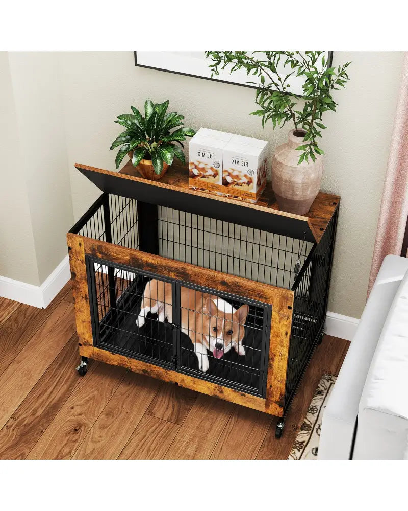 Industrial Dog Kennel with Flip-up Top 3 Lockable Doors and Removable Tray-Rustic Brown - Rustic Brown - Dog Kennels