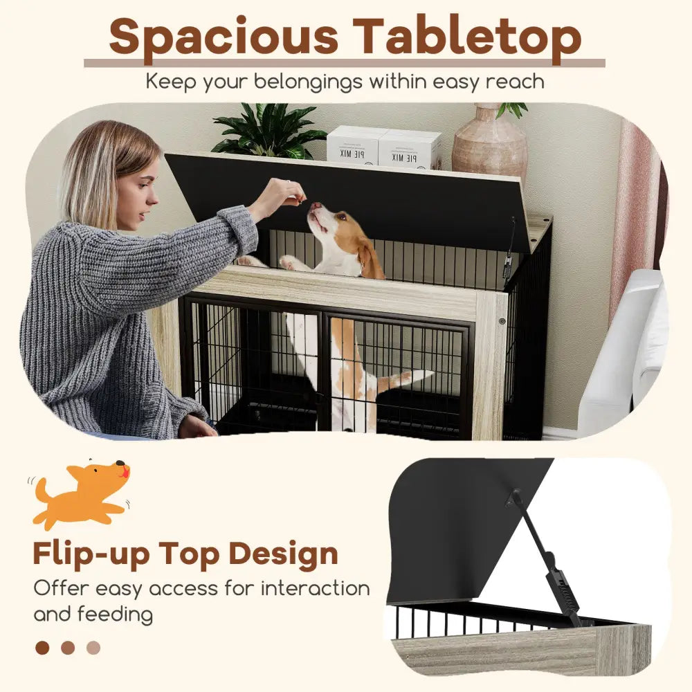 Industrial Dog Kennel with Flip-up Top 3 Lockable Doors and Removable Tray-Gray - Gray - Dog Kennels
