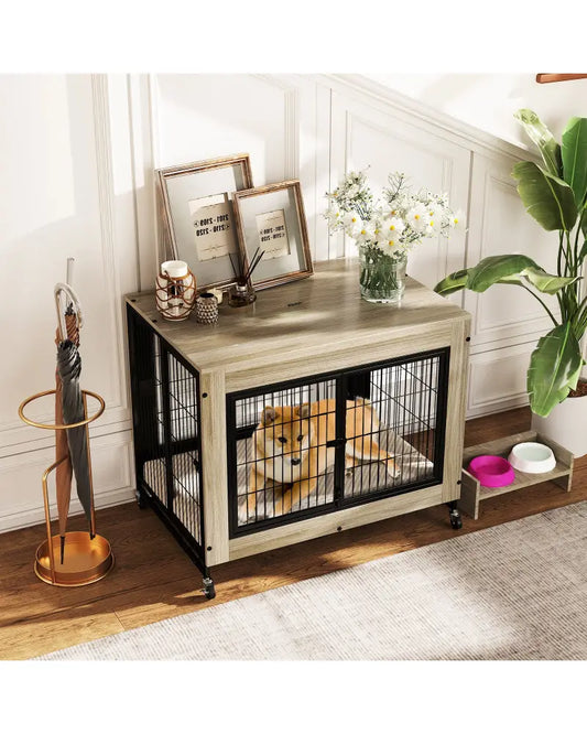 Industrial Dog Kennel with Flip-up Top 3 Lockable Doors and Removable Tray-Gray - Gray - Dog Kennels
