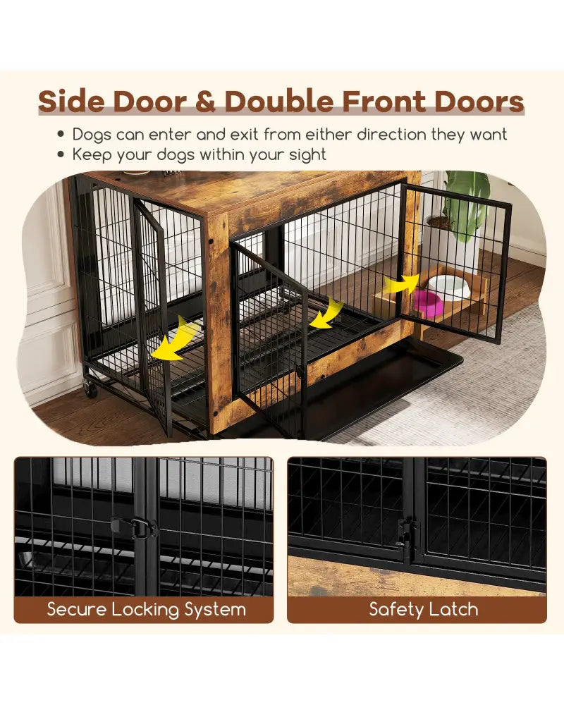 Industrial Dog Kennel with Flip-up Top 3 Lockable Doors and Removable Tray-Rustic Brown - Rustic Brown - Dog Kennels