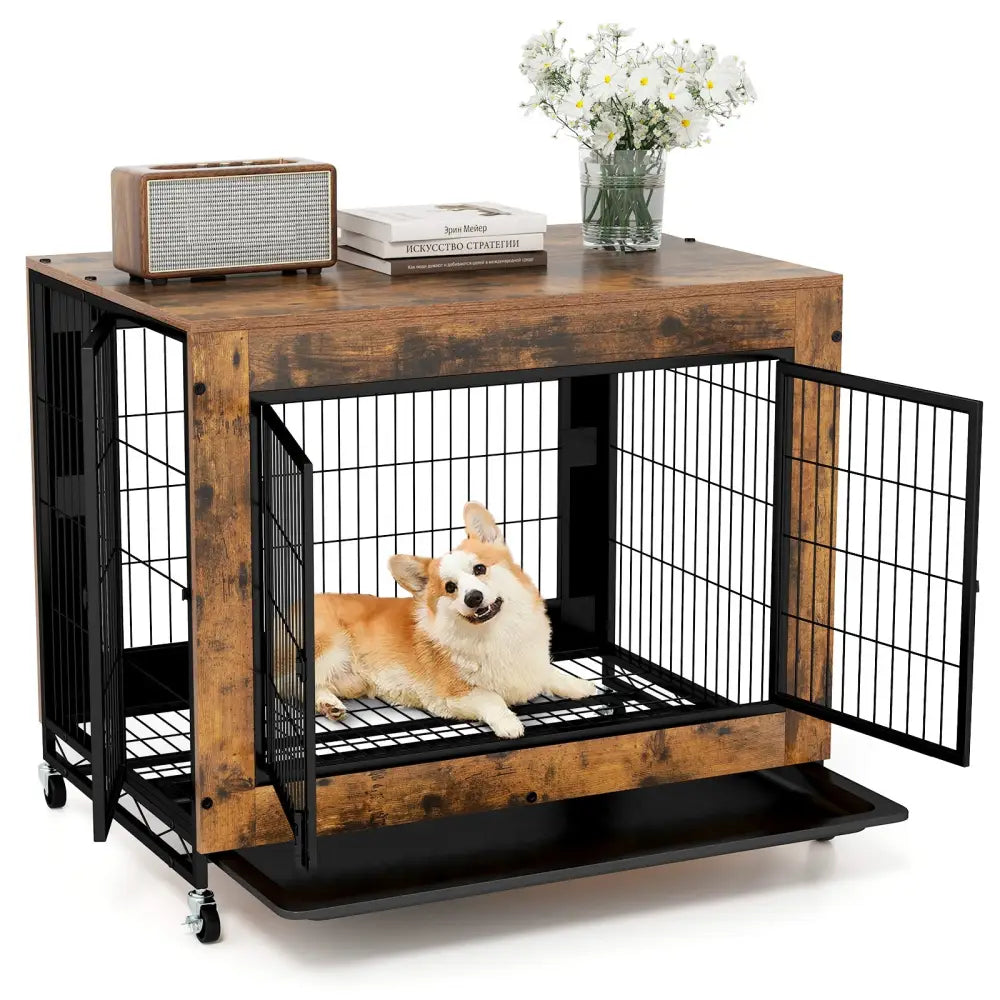 Industrial Dog Kennel with Flip-up Top 3 Lockable Doors and Removable Tray-Rustic Brown - Rustic Brown - Dog Kennels